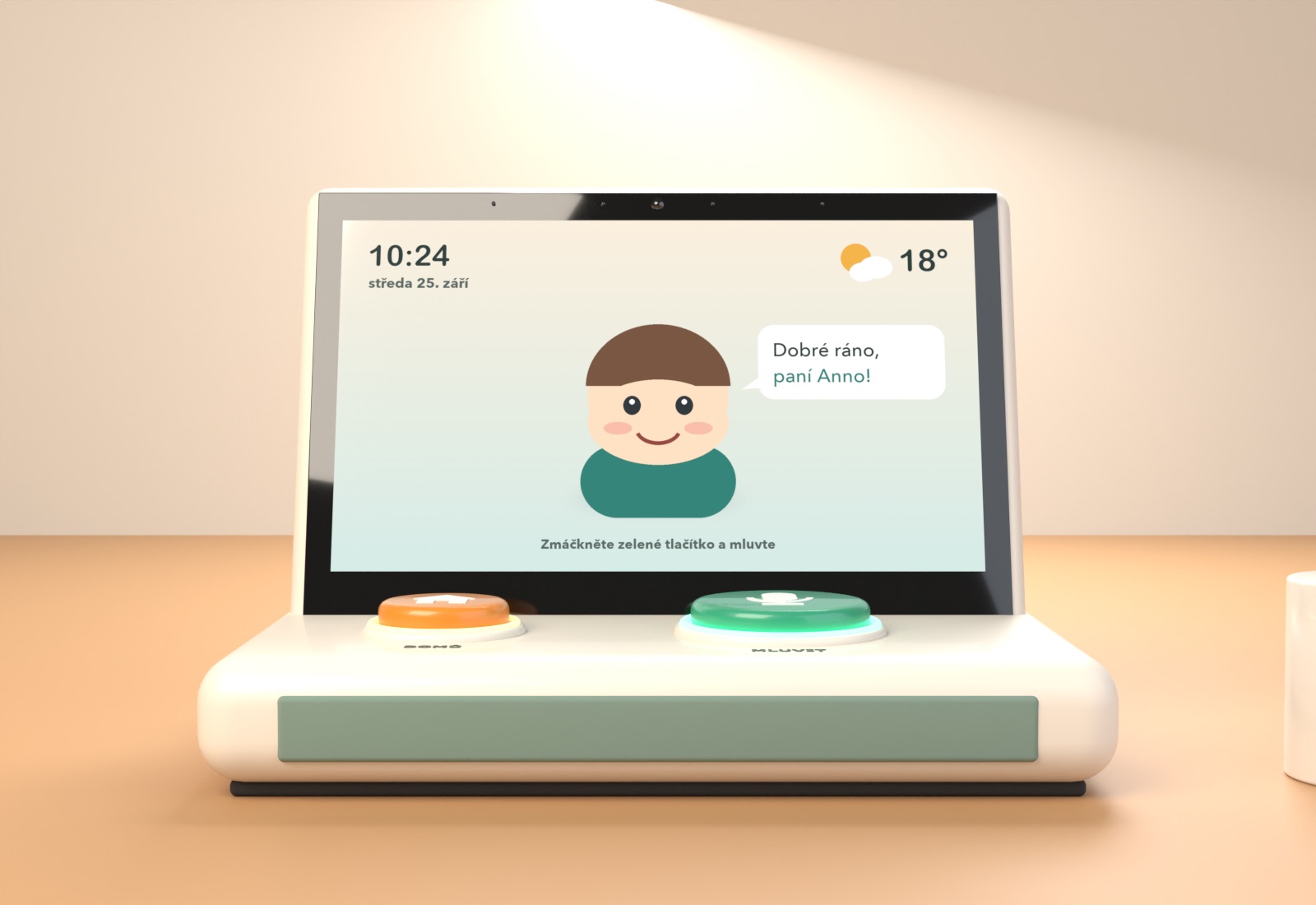 Front view of the terminal showing the screen with the avatar and both buttons.