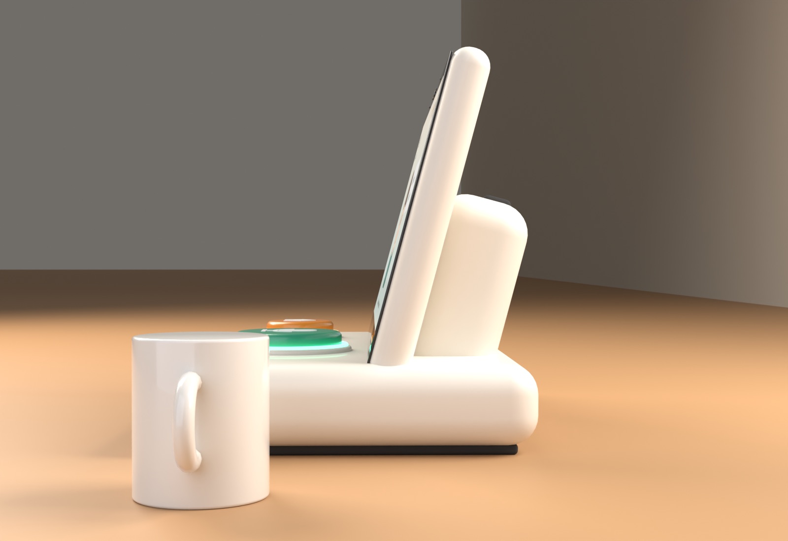 Side profile showing the screen leaning back on a solid rear spine over a deep base.